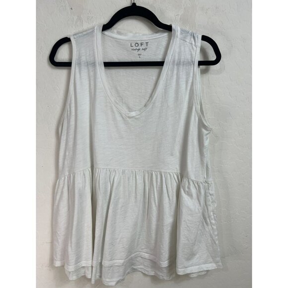 LOFT Large Vintage Soft Babydoll Tee White Ruffle Hem Top Lightweight 100% Cotto - Picture 1 of 6